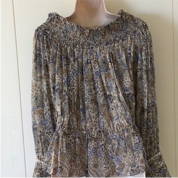Redemption Silk Chiffon White Blue Beige Floral Print Paisley Smocked Blouse 8 - Picture 8 of 11